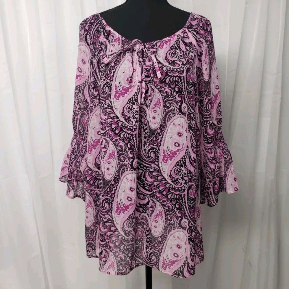 Lane Bryant Purple Paisley Semi Sheer Flared Cuff Peasant Blouse 14/16